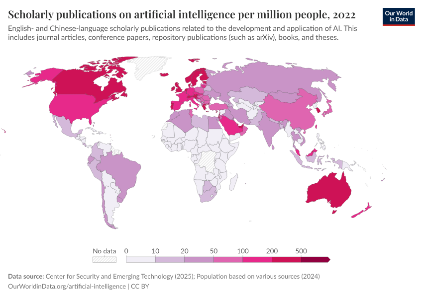 A thumbnail of the "Scholarly publications on artificial intelligence per million people" chart