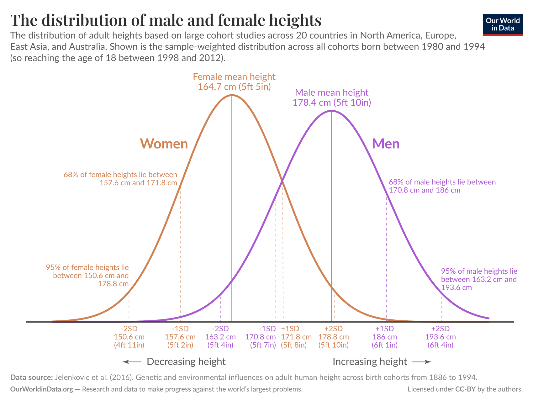 A graph illustrates the distribution of adult heights for men and women across multiple regions, based on a study involving 20 countries. The horizontal axis represents height in centimeters, while the vertical axis indicates frequency. 

For women, a purple curve peaks at a mean height of 164.7 cm (5 feet 4 inches), and notes that 68% of female heights fall between 157.6 cm and 171.8 cm, with 95% lying between 150.6 cm and 178.9 cm.

For men, an orange curve peaks at a mean height of 178.4 cm (5 feet 9 inches). The chart indicates that 68% of male heights range from 170.8 cm to 186 cm, and 95% are between 163.2 cm and 193.6 cm.

Data sources at the bottom reference Aline Jelenkovic (2016) regarding genetic and environmental influences on adult human height, with data from Our World in Data. The license is noted as CC-BY by the authors.